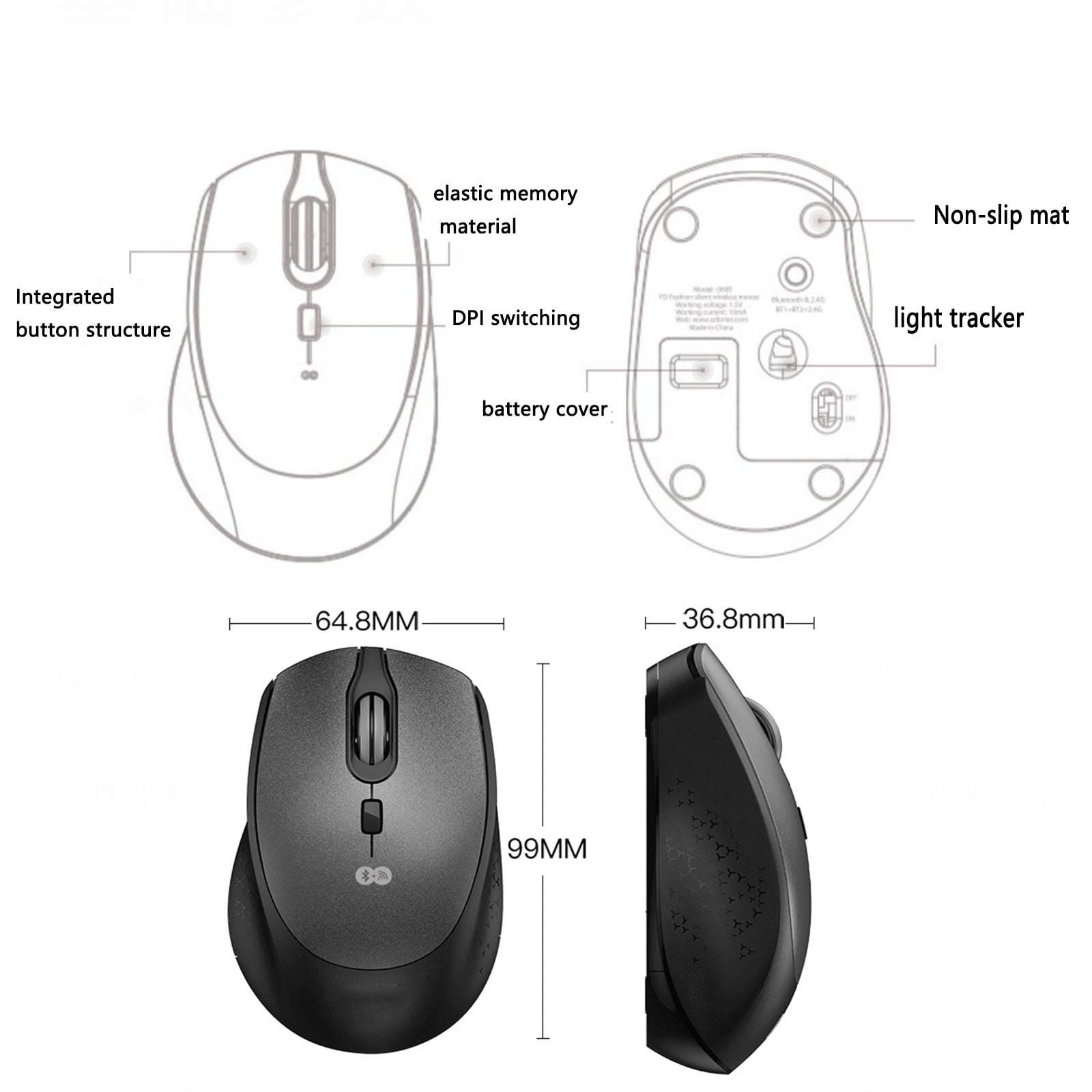 Mysz Mysz bezprzewodowa Mysz komputerowa do laptopa USB do gier Bluetooth Ergonomiczna mysz Urządzenie wskazujące Możliwość ładowania Fotoelektryczny 2,4 g Regulowana rozdzielczość Plug and Play(White