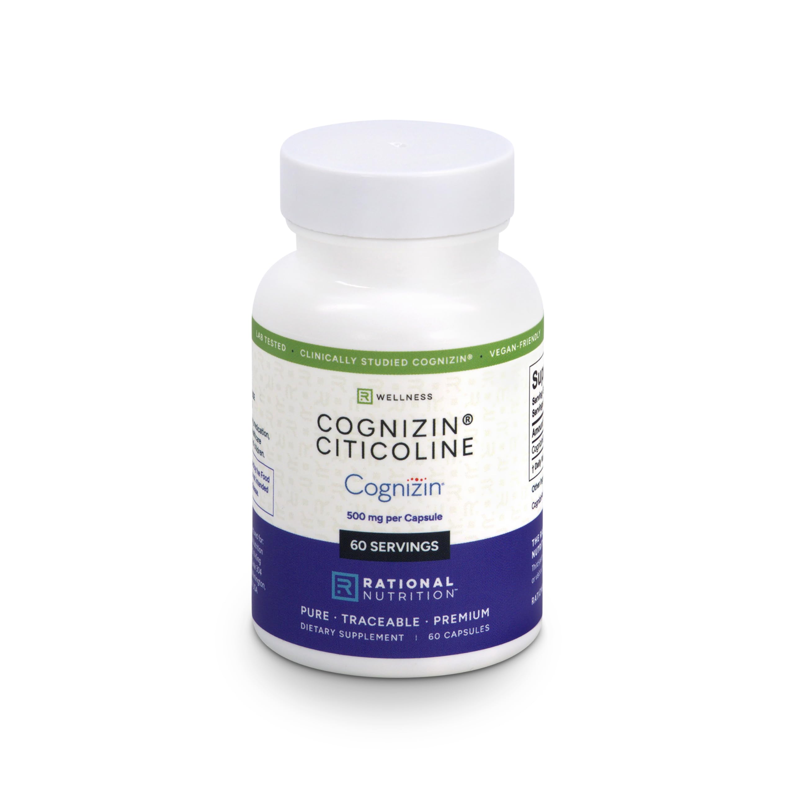 Cognizin® Citicoline 500mg Capsules – CDP Choline Brain Supplement for Focus, Memory & Mental Clarity – Full Dose in 1 Capsule, No Fillers, Vegan, Non-GMO – 60 Count