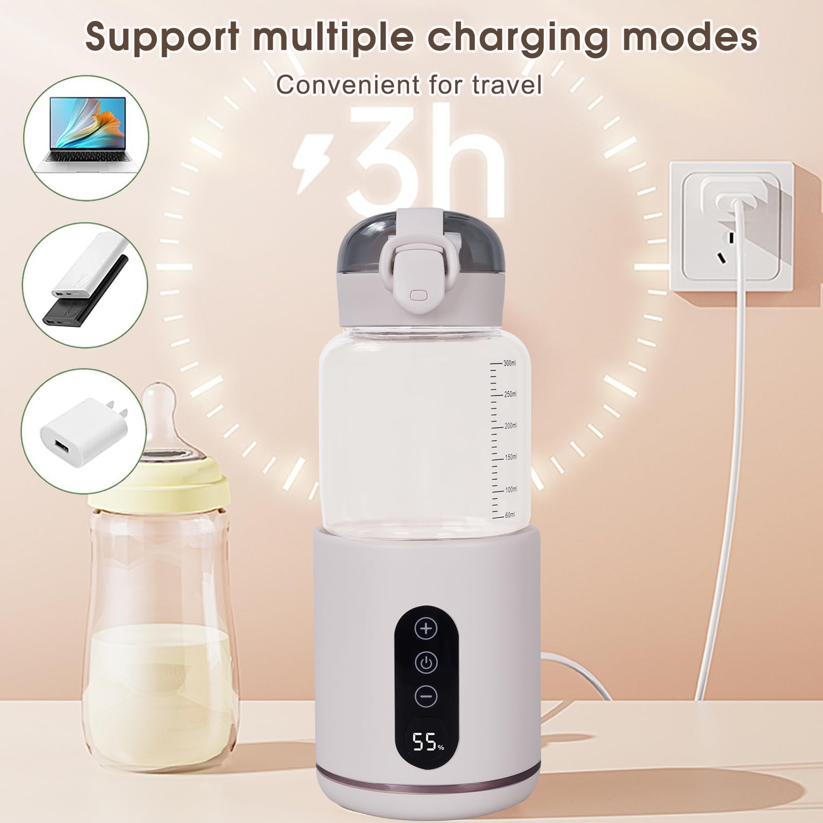 Hoapin Bottle warmer for on the go, bottle warmer for babies, on the go, battery, 5200 mAh, portable baby food warmer 30 W with constant temperature 37-55 °C, capacity 300 ml (pink Hoapin Bottle warmer for on the go, bottle warmer for babies, on the go, battery, 5200 mAh, portable baby food warmer 30 W with constant temperature 37-55 °C, capacity 300 ml (pink