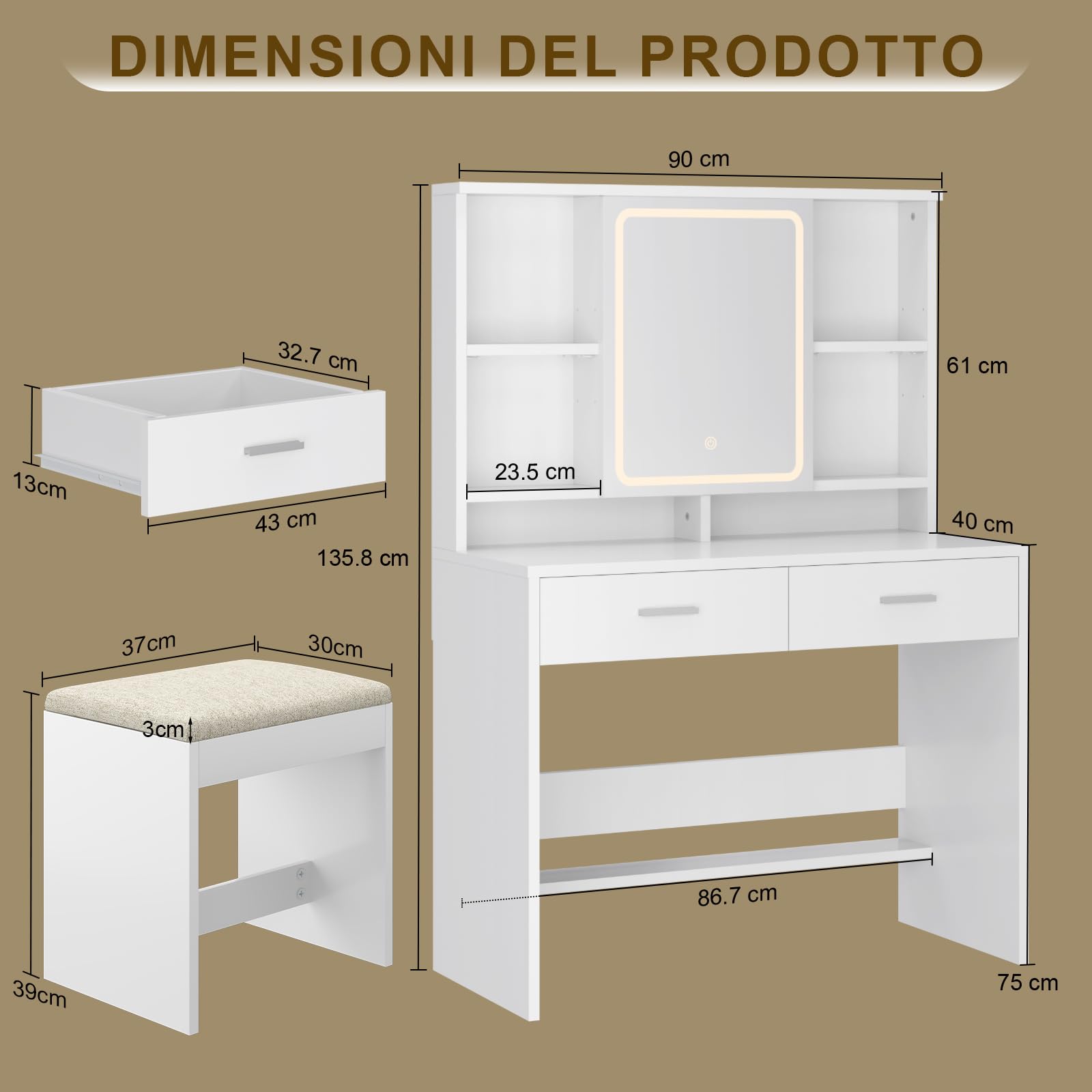 Airfish Toeletta da Trucco con Luci,3 Colori con Luminosità Regolabile,Postazione Trucco con Sgabello,Tavolo da Trucco con 2 Cassetti, Moderno Bianco