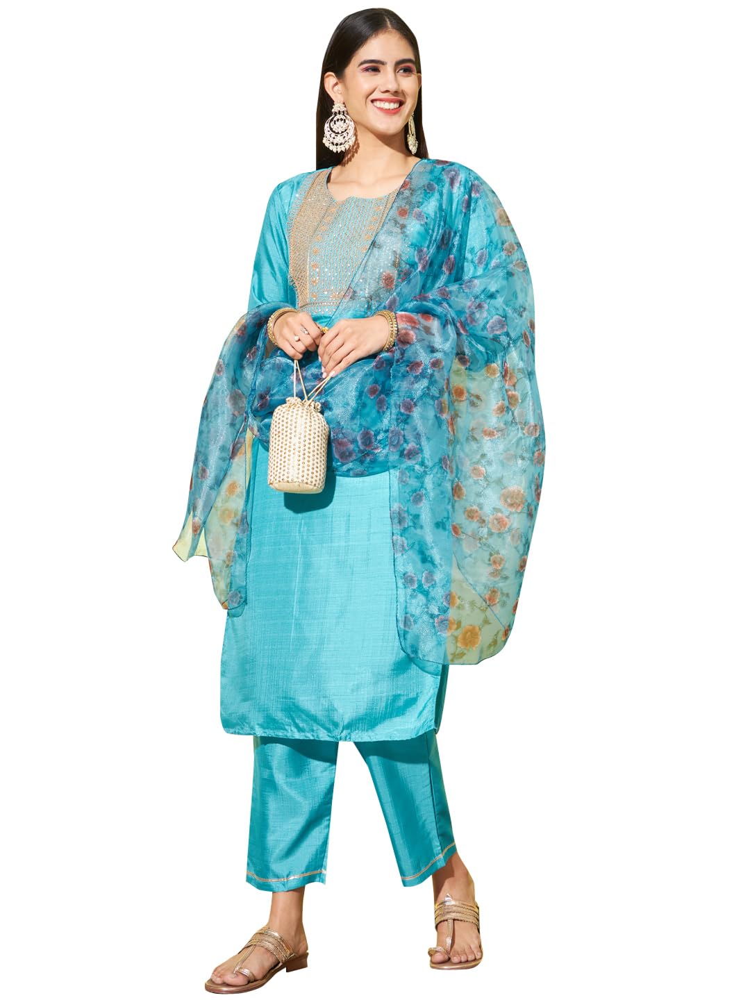 VredeVogel Women's Silk Blend Solid Embroidered Kurta with Trousers Pant and Organza Dupatta Set
