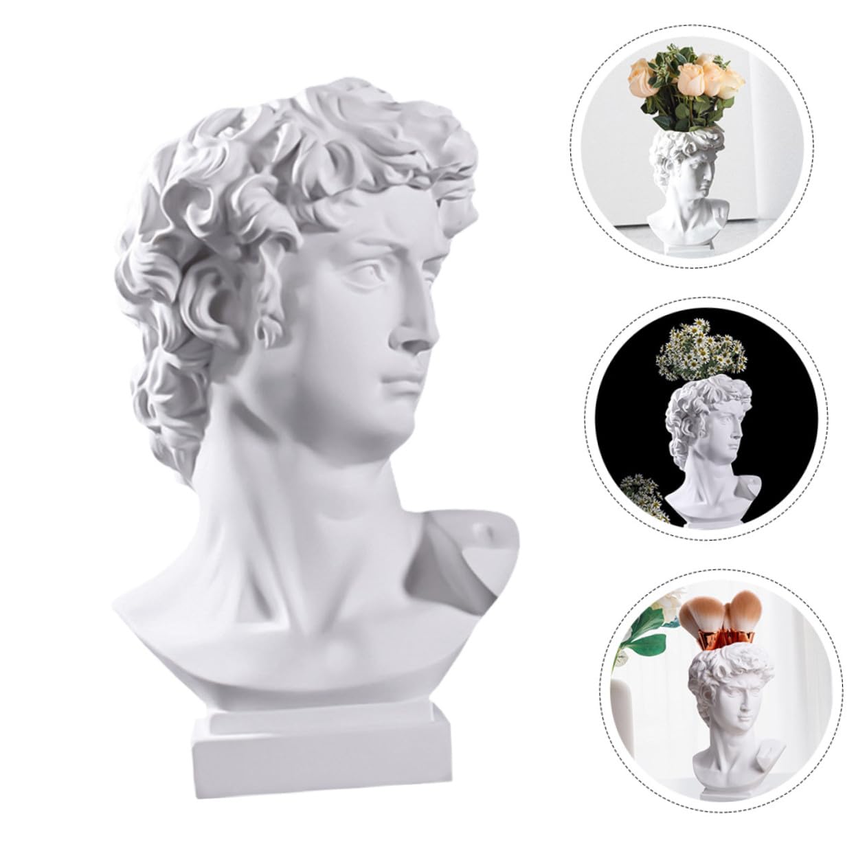 ULTECHNOVO Vase à Composition Artistique en Résine Blanc 25cm Sculpture Tête David Support Pinceaux de Maquillage Décoration de Bureau et Balcon