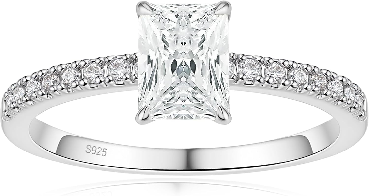 TenKa 1/2/3/4CT 925 Sterling Silver Engagement Rings for Women, Radiant Cut Solitaire Cubic Zirconia CZ Wedding Bands, Travel Promise Rings for Her Size 4-11