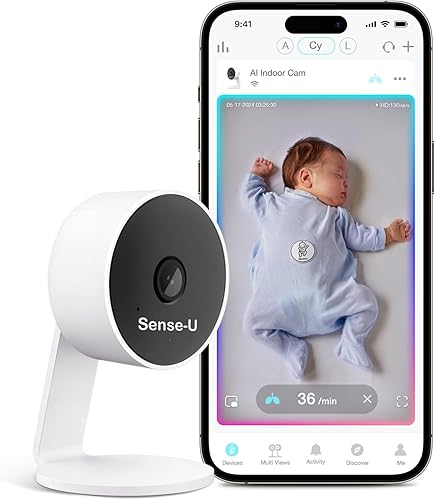 Sense-U Monitor de cámara AI para bebé con detección de movimiento de respiración de sueño sin sensores, cámara de video inteligente de seguridad