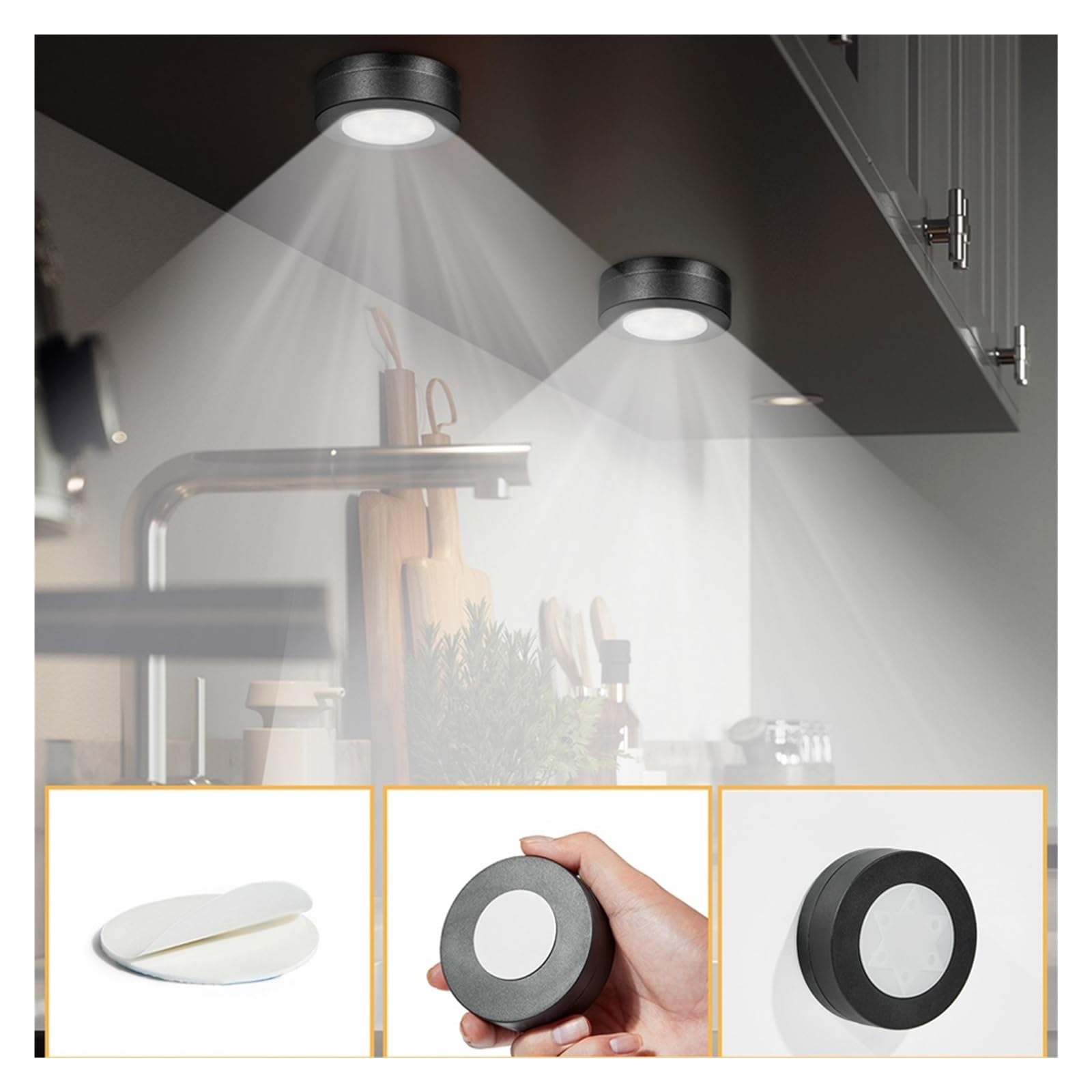 Lámpara LED Redonda Negra Regulable For Armario Bajo Mueble Sensor De Movimiento(6lamp 2remote)