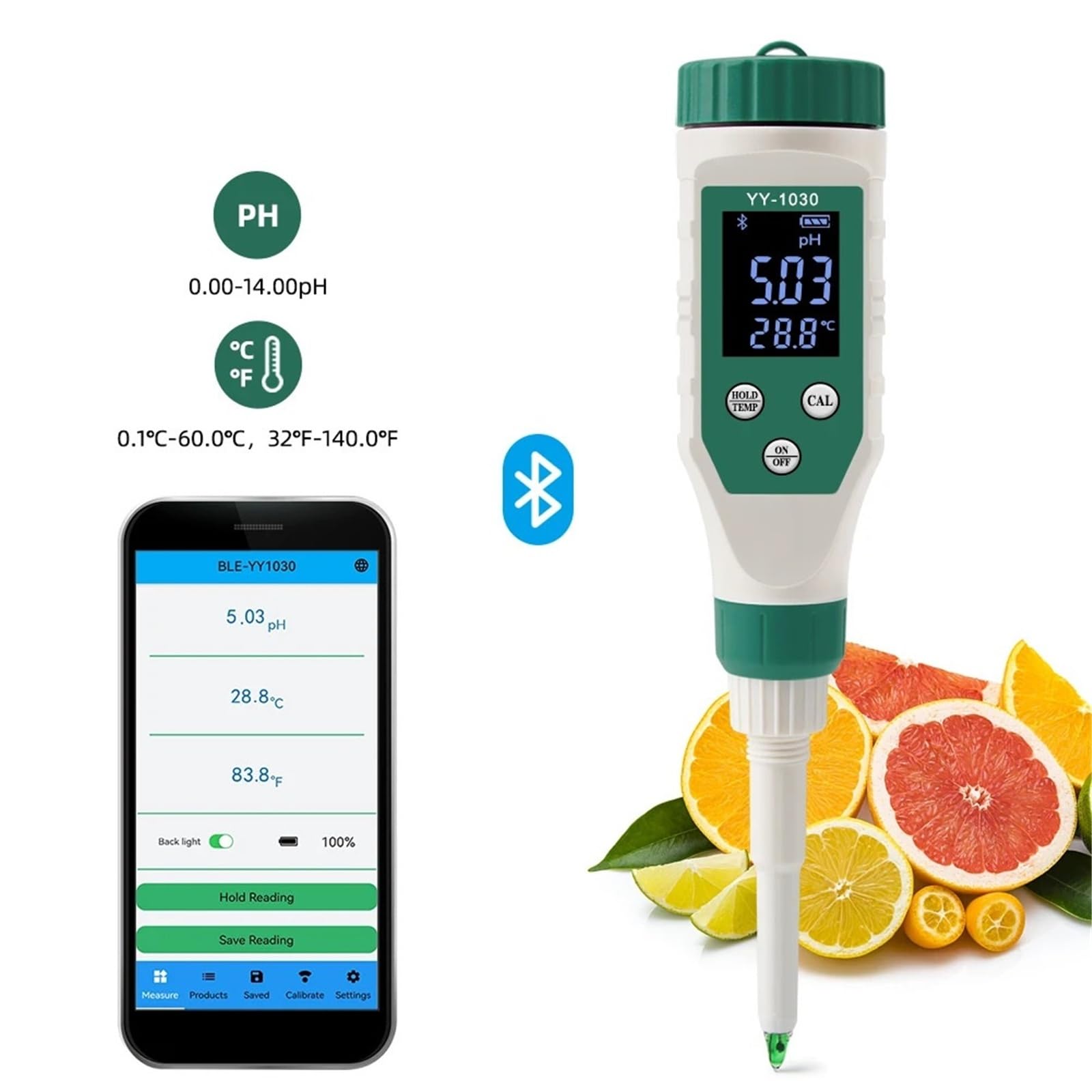 Misuratore di PH Intelligente a LED Bluetooth for Acquario, Spa, Piscina, Tester for Il monitoraggio della qualità Acqua, for Terreno, Cosmetici, Alimenti, Formaggio, Carne, Frutta, Impasto