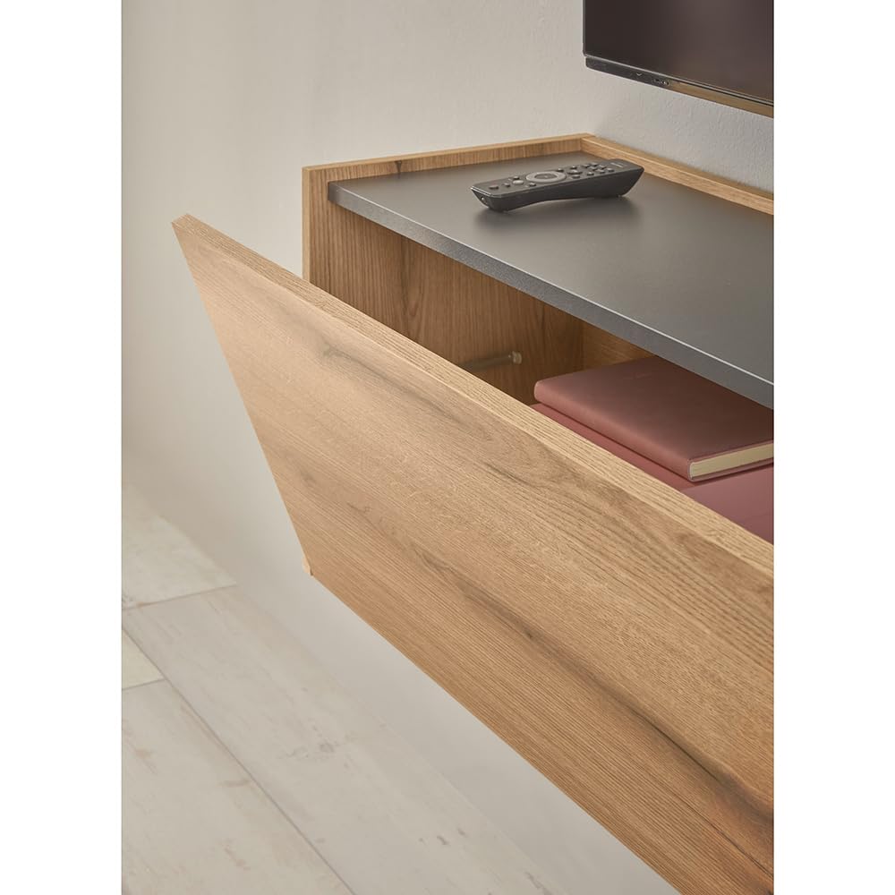 Lomadox Wohnwand in Eiche mit Anthrazit inkl. LED-Beleuchtung, mit Hängeschränken & Vitrine, 3-teilig modern