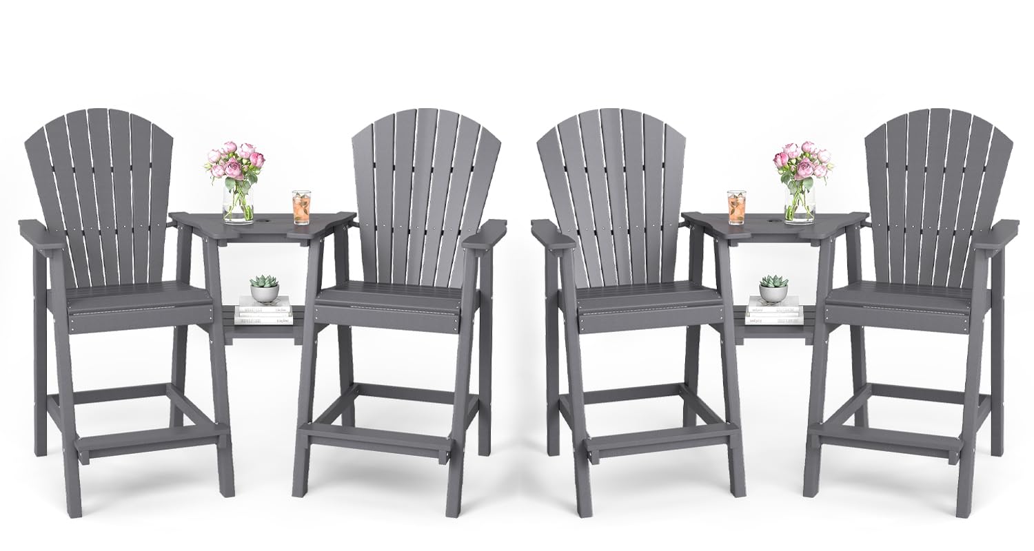 FOOWIN Tall Adirondack Chair Set of 4, All Weather HDPE Bar Height Adirondack Chair with Double Connecting Trays, Adirondack Barstools for Balcony,