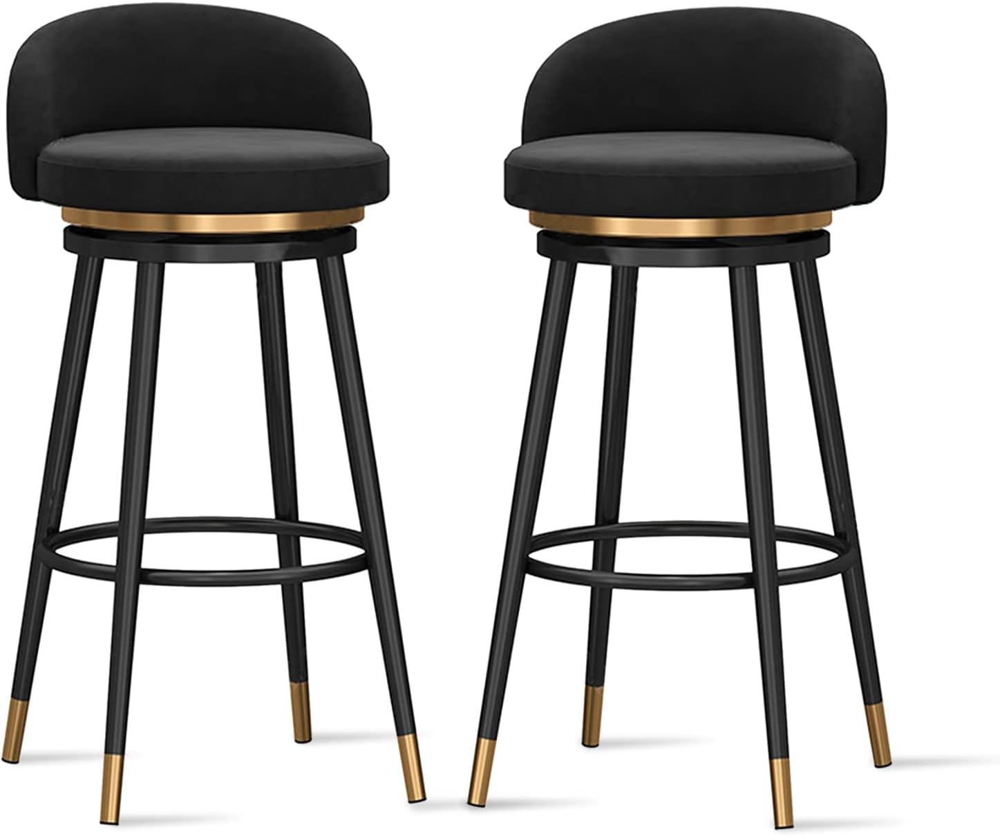 Velvet Bar Height Barstools Modern Kitchen Stools Upholstered 360° Swivel Counter Stool Chairs with Back for Kitchen Island Breakfast Restaurant, 2 PCS, Black