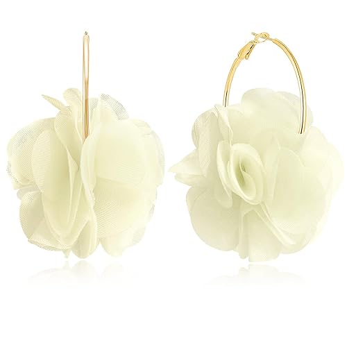 NONQL Bohemian Aesthetic Fabric Flower Lightweight Hoop Earrings Handmade Summer