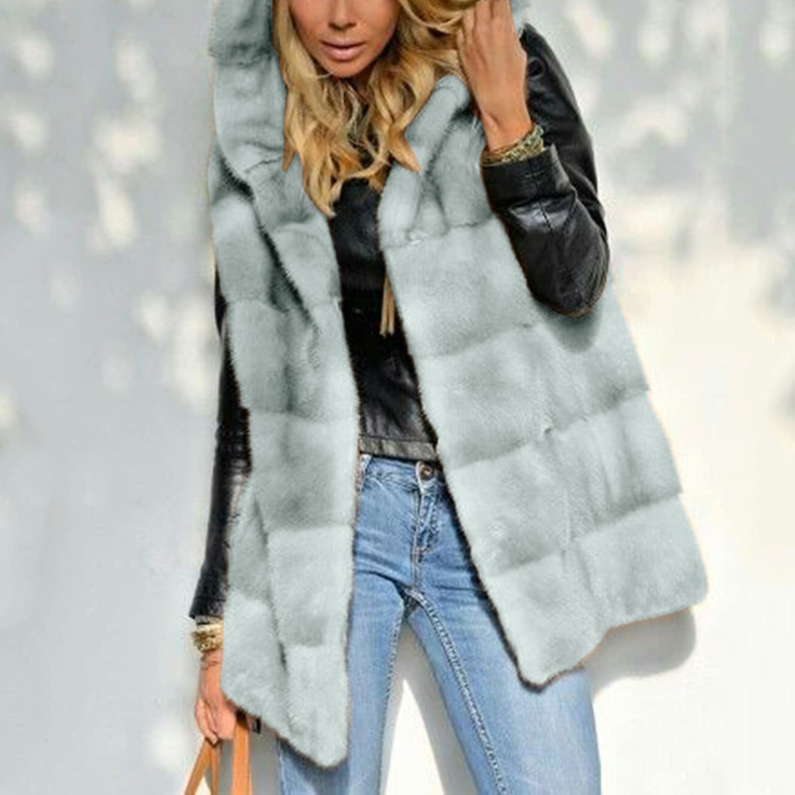 Gilet in pelliccia da donna, da donna, in pelliccia sintetica, elegante, con cappuccio, grigio., S