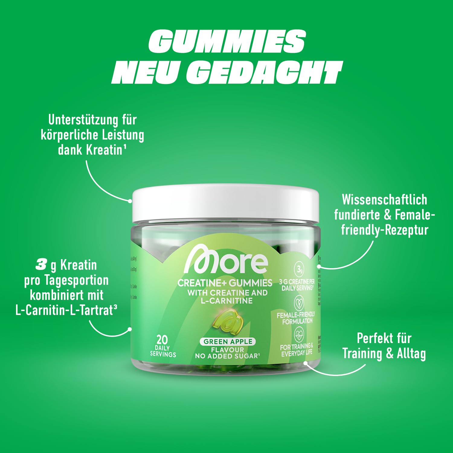MORE Creatine+ Gummies, 60 Gummies, Green Apple, Nahrungsergänzungsmittel mit Kreatin und L-Carnitine