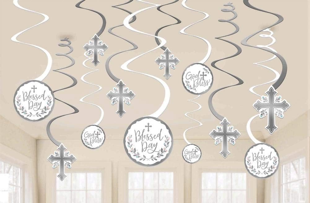 Stunning Silver Holy Day Spiral Hanging Decorations - 5" (Pack of 12) - Dazzling Cardboard Swirls - Ideal for First Communions