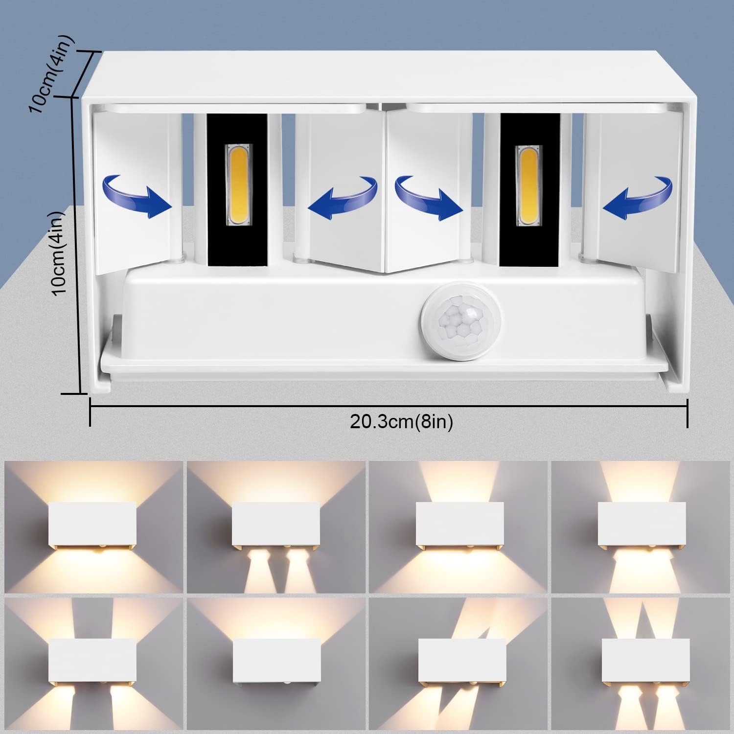 Kingwei 4 Piezas 20W LED Aplique de Pared Exterior Con Detector de Movimiento 3000K Luz Blanca Cálida Luminaria Exterior de Pared IP65 Lámpara de Pared Con Ángulo de Haz Ajustable Diseño Arriba Abajo