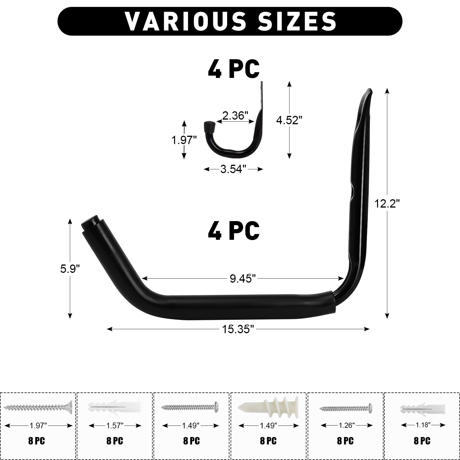 KURUI Robuste Garagenaufbewahrungshaken, 45,4 kg (38,1 cm) Wandhalterung, Kajakständer zum Aufhängen im Innen- und Außenbereich, 8 Stück, große Wandhaken für Leiter, Surfbretter, schwarze