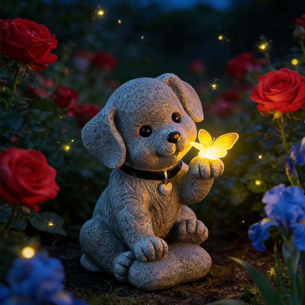 Figurine de Chien Solaire, Statue Solaire de Jardin Chien Ornament Outdoor avec Papillons Figurine d'animal de Jardin Lumière Solaire Statue Jardin Exterieur pour Cadeau de Pendaison de Crémaillère