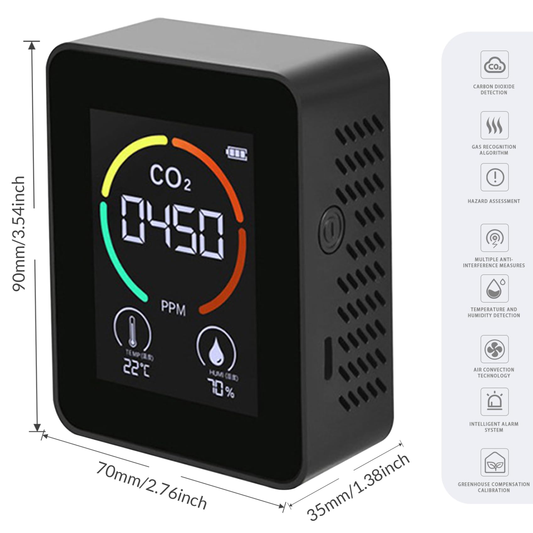 Detector de CO2, 3 en 1 con LCD Que Muestra un Monitor de Calidad del Aire portátil Muestra la Temperatura Ambiente y la Humedad para Las Carpas de Cultivo de Casas rodantes, 400-5000ppm Negro
