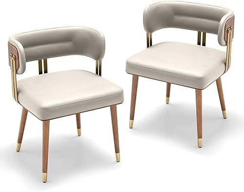 Miniatura 16 de ARTPLAN Mid-Century - Juego de 2 sillas de comedor tapizadas de cuero con chapa de madera de nogal y patas de metal dorado, cojín de espuma de alta