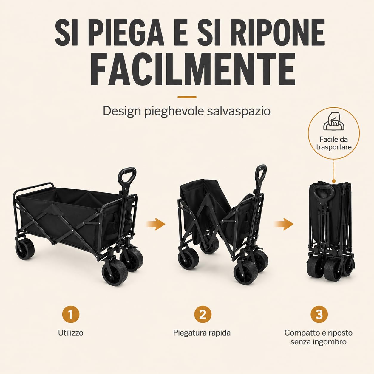 Carrello pieghevole, 115 kg, con due freni anteriori e tasche laterali