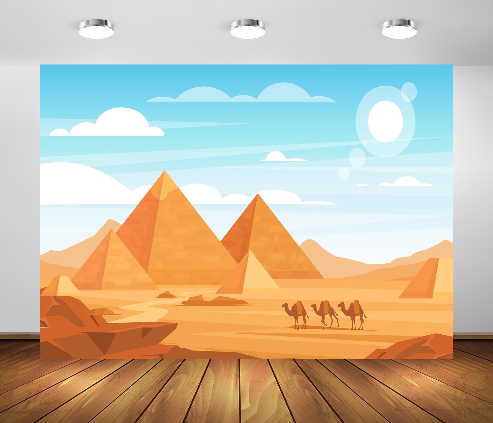 BELECO 8x6ft Fabric Cartoon Desert Pyramids Backdrop Desert Camel Egypt Background Egyptian Theme Party Decorations Banner Birthday Photoshoot Photo Booth Studio Props