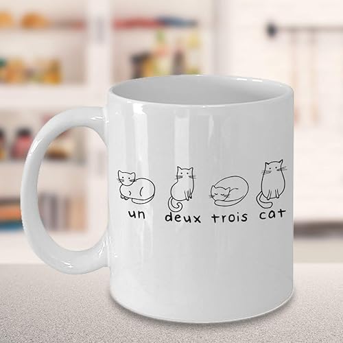 Miniatura 3 de ODDITEES Linda taza de gato para amantes de los gatos Un Deux Trois Cat Coffee Cup 11oz Blanco
