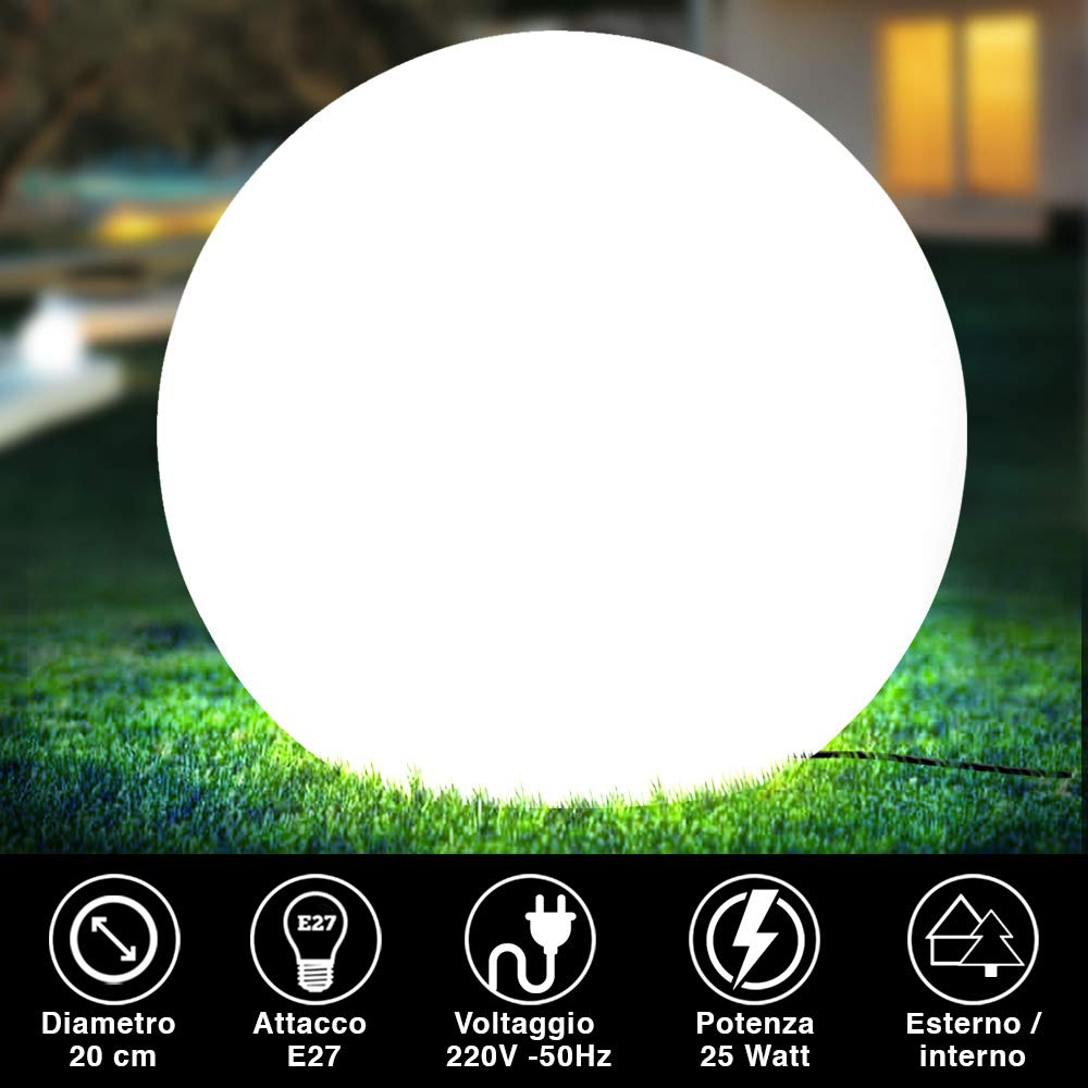 BAKAJI Lámpara de diseño esférica de jardín, diámetro 20 cm, luz iluminación exterior de suelo o mesa, casquillo E27, bombilla máx. 25 W, color blanco con piquetas de fijación al suelo