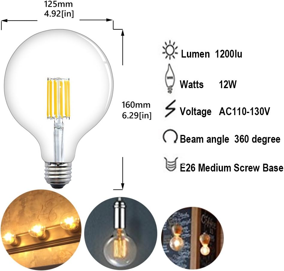 G40 Dimmable Vintage Filament Bulb E26 Medium Screw Base, Aluxcia G125 12W LED Clear Glass Globe Classic Light Bulb, 120W Incandescent Replacement Bulb for Home, Office, Coffee Bar, Warm White 2700K