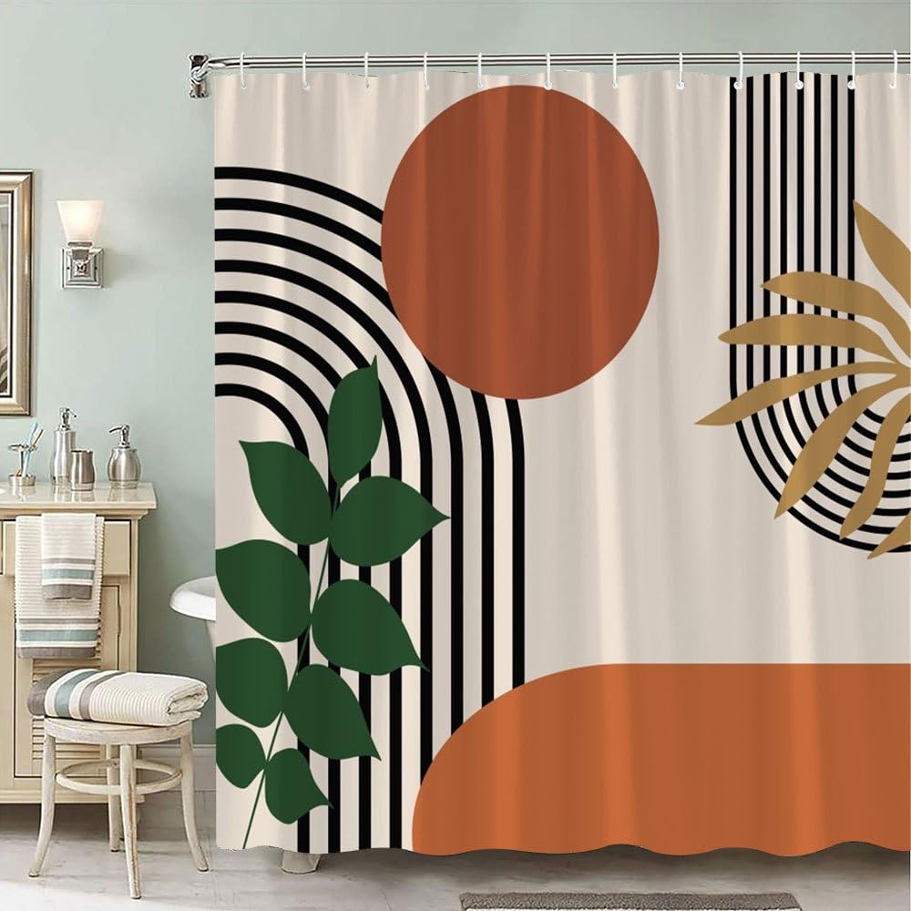 GLWDMB 1 Piece 90x180CM Geometric Shapes and Plants Printed Shower Curtain With Hook, Polyester, for Windows And Walls, Bathtub, Bathroom, Machine Washable, All Season Universal