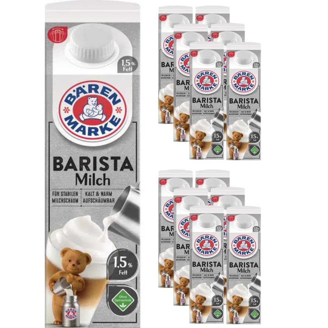 Bärenmarke Milch fettarme H-Milch 1,5% Fett, Barista, je 1 Liter, 12 Stück + pufai