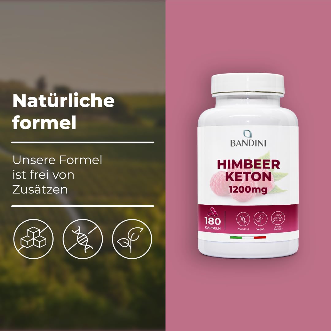 Bandini® Himbeer Keton 1200 mg - Raspberry Ketone mit Himbeerfruchtextrakt - 180 Kapseln für 6 Monate - 100% Vegan Himbeerketon Supplement - Ideal für Keto-Diät & Low Carb - Ohne Magnesiumstearat
