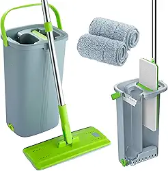 EasyGleam - Juego de fregona y cubeta de microfibra plana con mango de acero inoxidable, innovador cubo de doble cámara para uso en húmedo y seco.