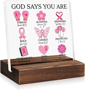 God Says You Are Strong Pink Ribbon Encouragement Acrylic Plaque with Wooden Stand, Breast Cancer Prevention Awareness Gifts, Treatment Cheer Up Gifts for Women, Breast Cancer Survivor Gifts