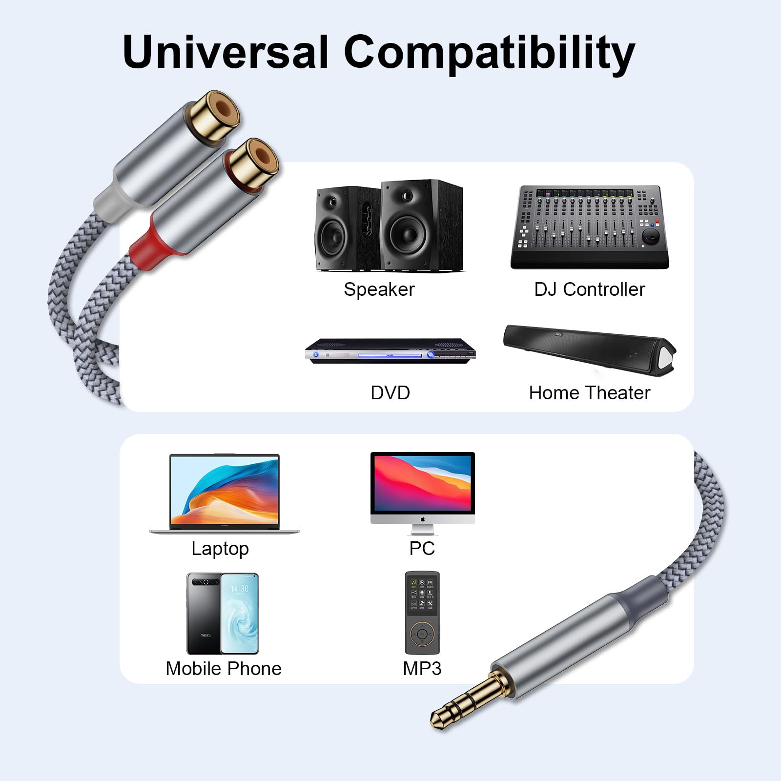 Câble audio RCA vers prise jack stéréo 3,5 mm, connecteur 3,5 mm vers 2 x prises RCA, compatible avec smartphones, lecteurs MP3, tablettes, haut-parleurs, systèmes de cinéma maison, appareils