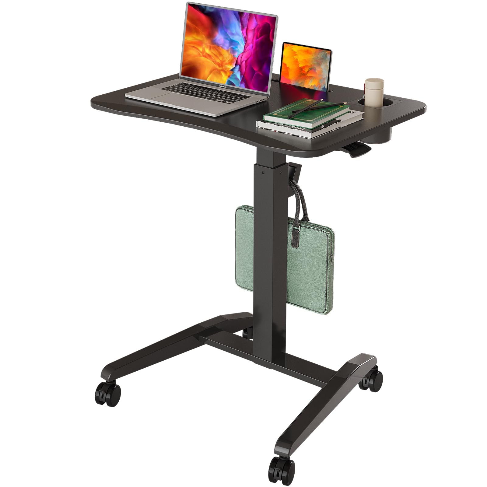 Gibbon Mounts Mobiler Stehschreibtisch, höhenverstellbarer rollbarer Laptop-Arbeitstisch mit Getränkehalter, 68,6 cm tragbarer Sitz-Steh-Schreibtisch mit Rollen und Haken, pneumatischer Computertisch