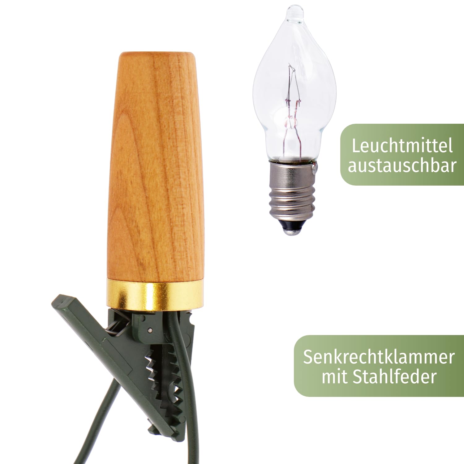 CLGarden Premium NARVA Kerzen Lichterkette Holzlichterkette 20 Schaftkerzen Holz Kirsche Weihnachtsbaum Beleuchtung Glas warm weiß elektrisch 230V innen