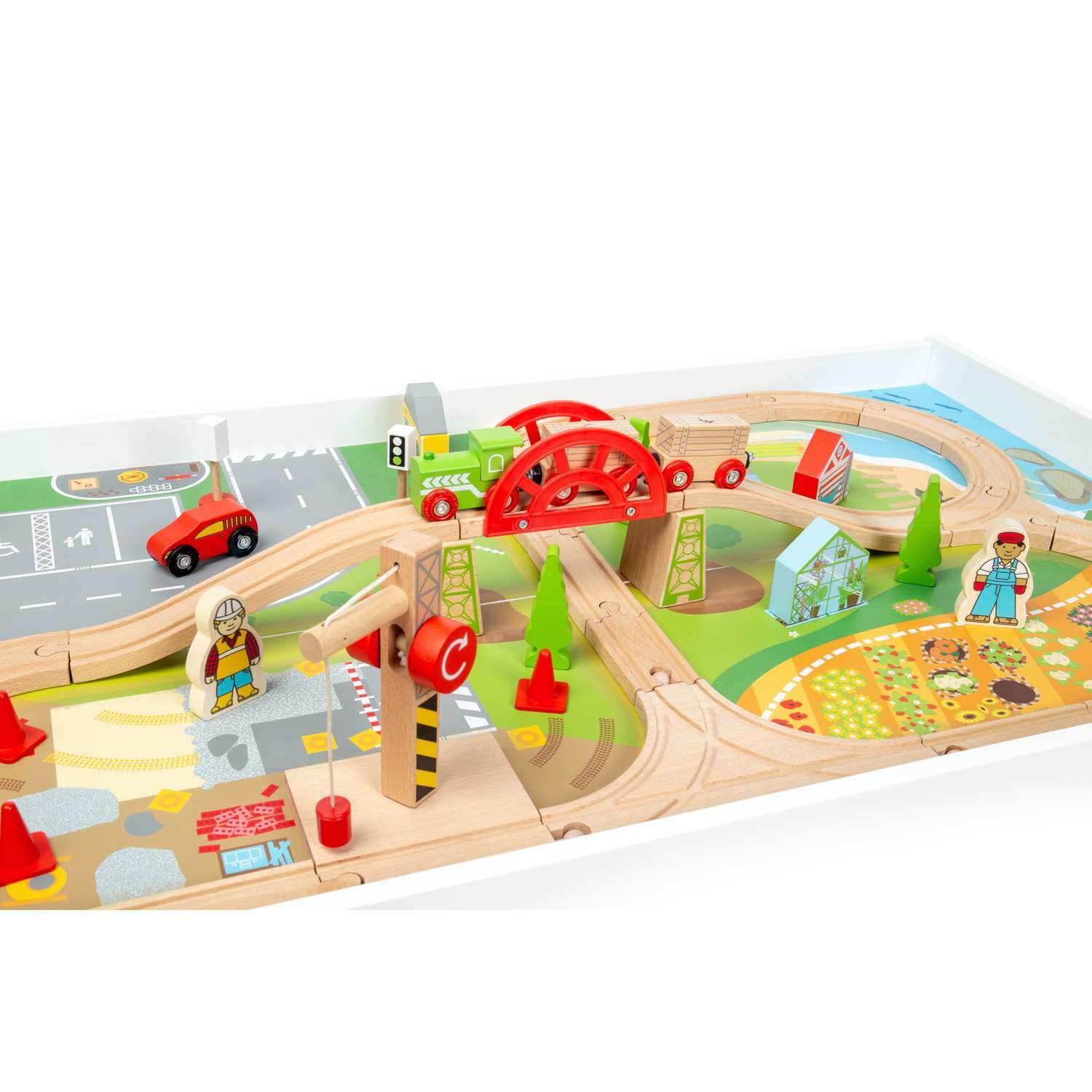 Bigjigs Rail - Zestaw pociągu i stół – 50 elementów do zabawy, drewniany stół do aktywności z plażą, polem rolniczym, placem budowy i od strony ulicy, pociągami dziecięcymi i zestawami kolejowymi,