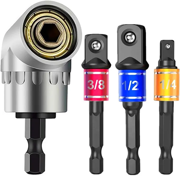 CIGOTU Impact Grade Power Hand Tools Driver Sockets Adapter Extension Set, 3Pcs 1/4 3/8 1/2" Hex Shank Drill Nut Driver Bit Set + 105 Degree Right Angle Driver Extension Screwdriver Drill Attachment
