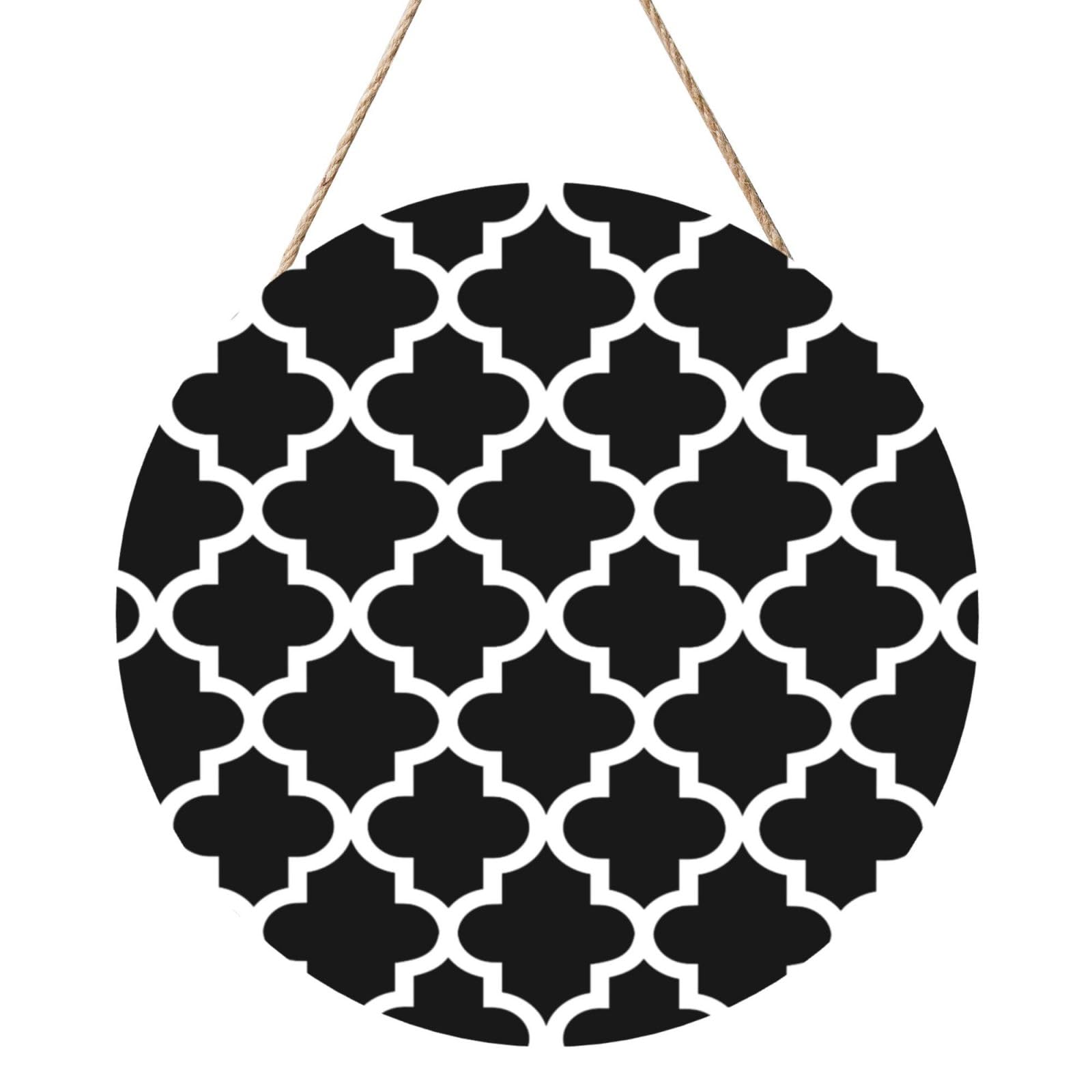 InOmak Black And White Moroccan Quatrefoil, Round Wood Panel Painting 12 in, Wall Hanging Painting For Home