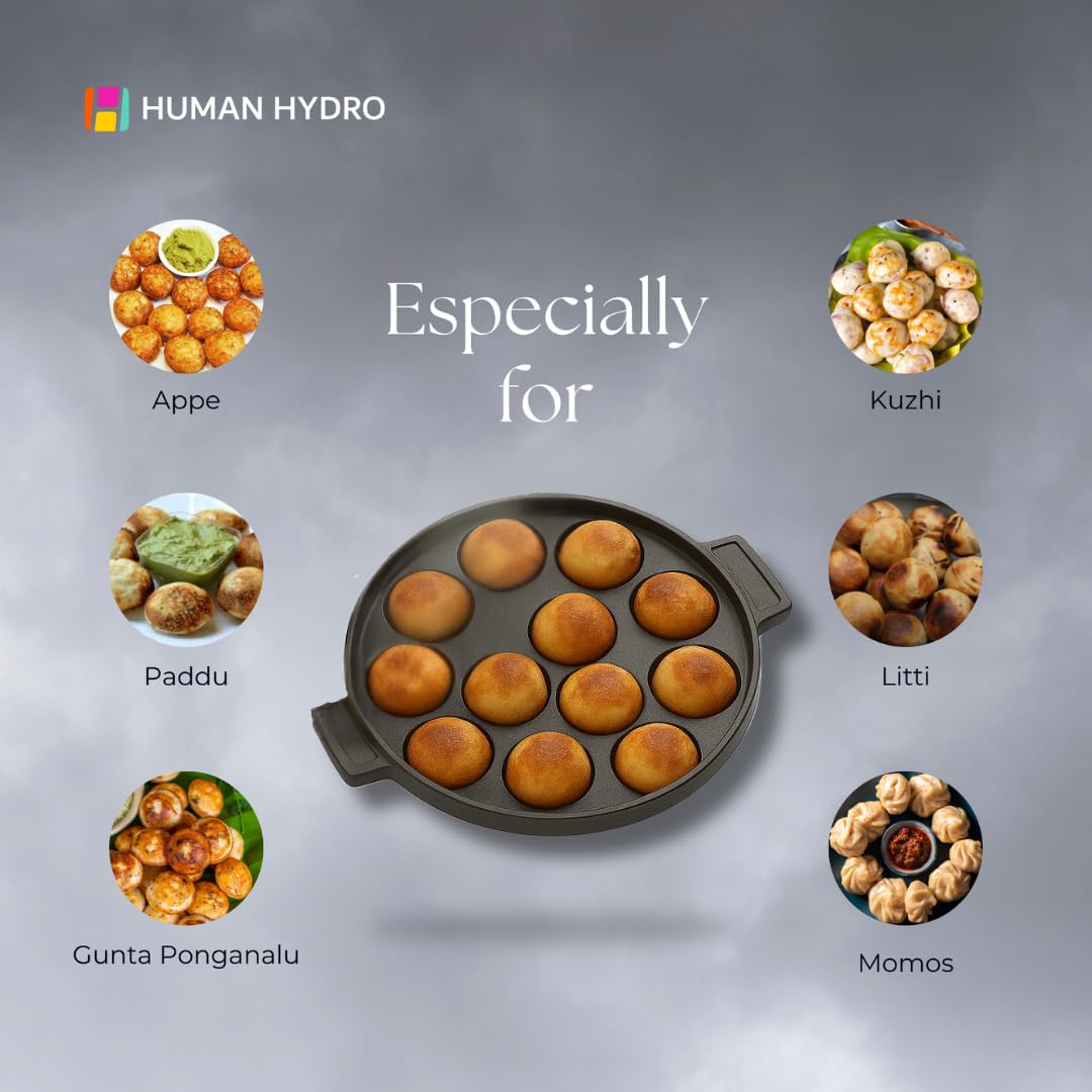 Human Hydro Cast Iron Paniyaram Pan with Lid | 12-Pit Appam Patra & Paddu Pan 20cm (8 Inch) | Naturally Non-Stick When Seasoned | Gas & Induction Compatible 2
