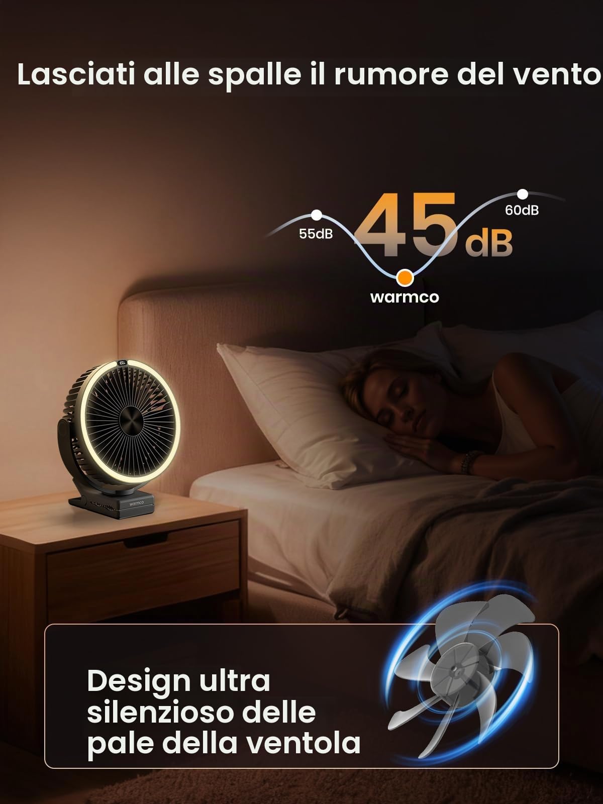 Warmco Ventilatore portatile ricaricabile a clip da 15000 mAh, ventilatore da scrivania alimentato a batteria da 20,3 cm, lanterna LED e gancio, rotazione a 360° e 4 velocità con forte flusso d'aria