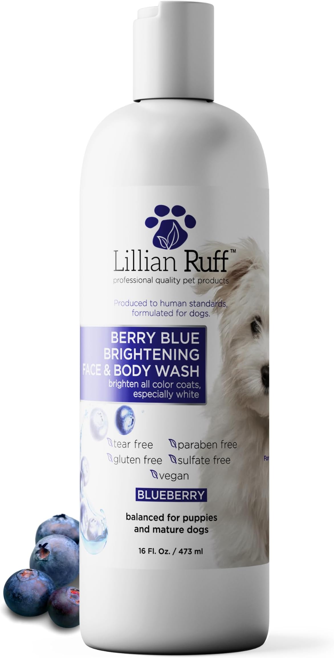 Lillian Ruff Berry Blue Brightening Face and Body Wash for Dogs and Cats - Tear Free Blueberry Shampoo - Remove Tear Stains, Hydrate Dry Itchy Skin, Add Shine & Luster to Coats - Made in USA (16oz)