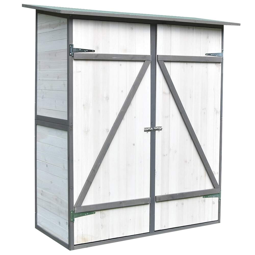 Melko Gartenschrank Gerätehaus Holz mit Pultdach 162x140x75 cm inkl. Regal | Zweiflügeltür mit Schiebeverriegelung, vorbehandeltes Fichtenholz, Weiß-Grau, Platz für Rasenmäher und Gartengeräte