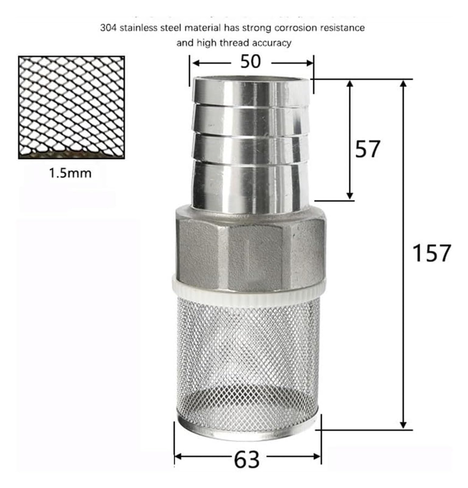 Válvula de retención de pie con filtro, 1 pieza de 25, 33, 38, 40 y 50 mm, filtro de manguera de acero inoxidable, tubo de riego for jardín, bomba de lavado de autos(2" 50mm)