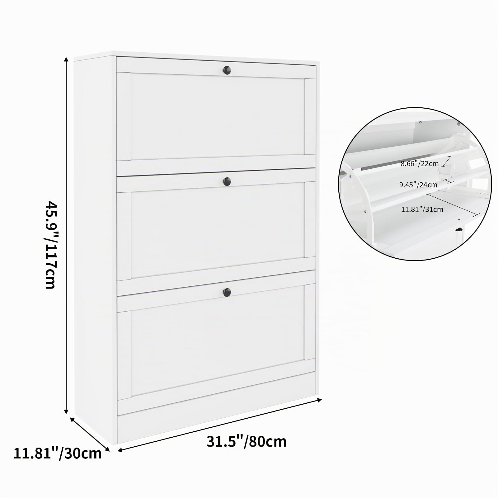 VOWNER Scarpiera Salva spazio Slim in Legno, Scarpiera Portascarpe in Legno, Regolabili, Con Anta a Ribalta Tripla e Tripla Profondita, 80x117x30 cm (LxAxP),Bianco