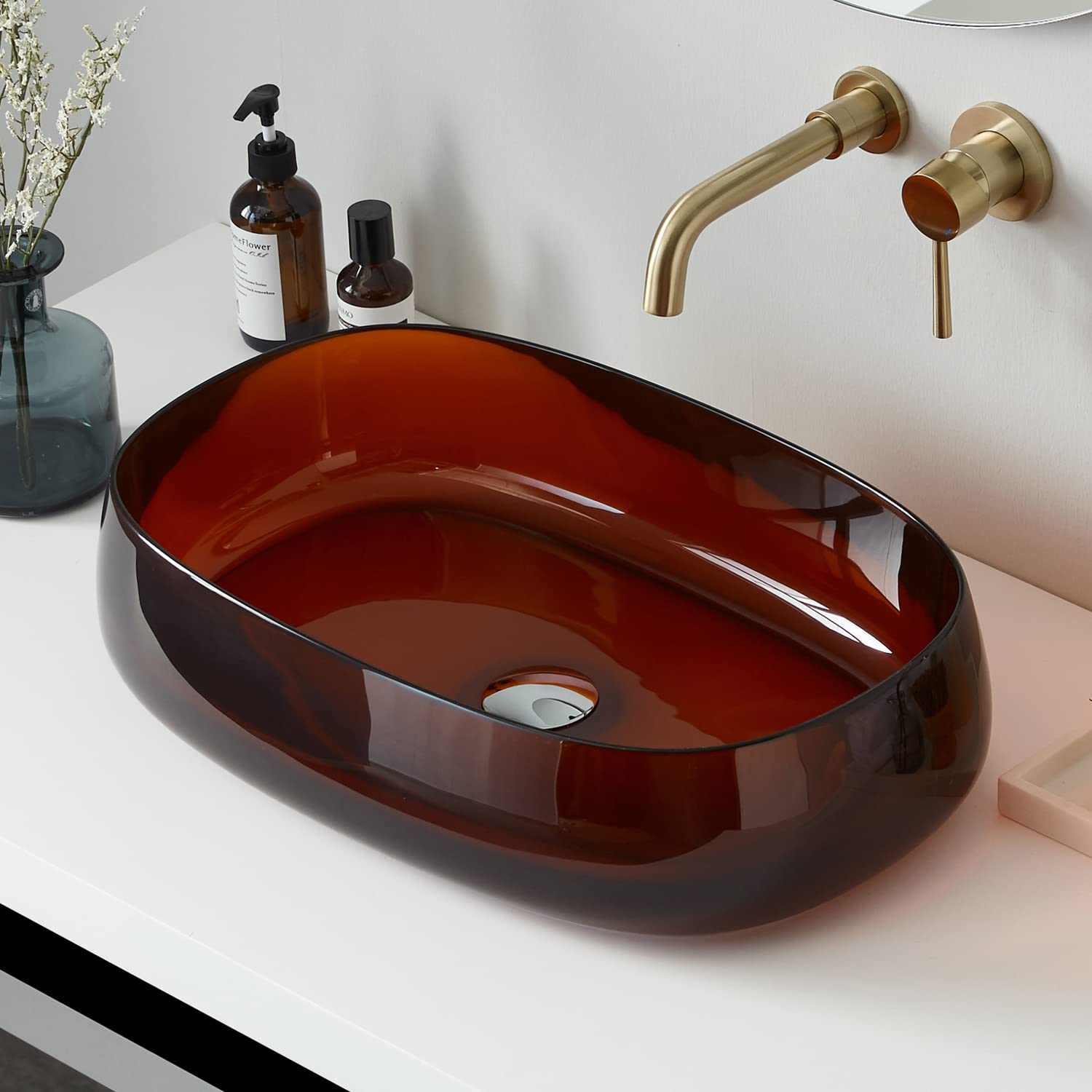 Cpingao Transparent Stone Resin Bathroom Vessel Sink with chrome drain set (Brown)
