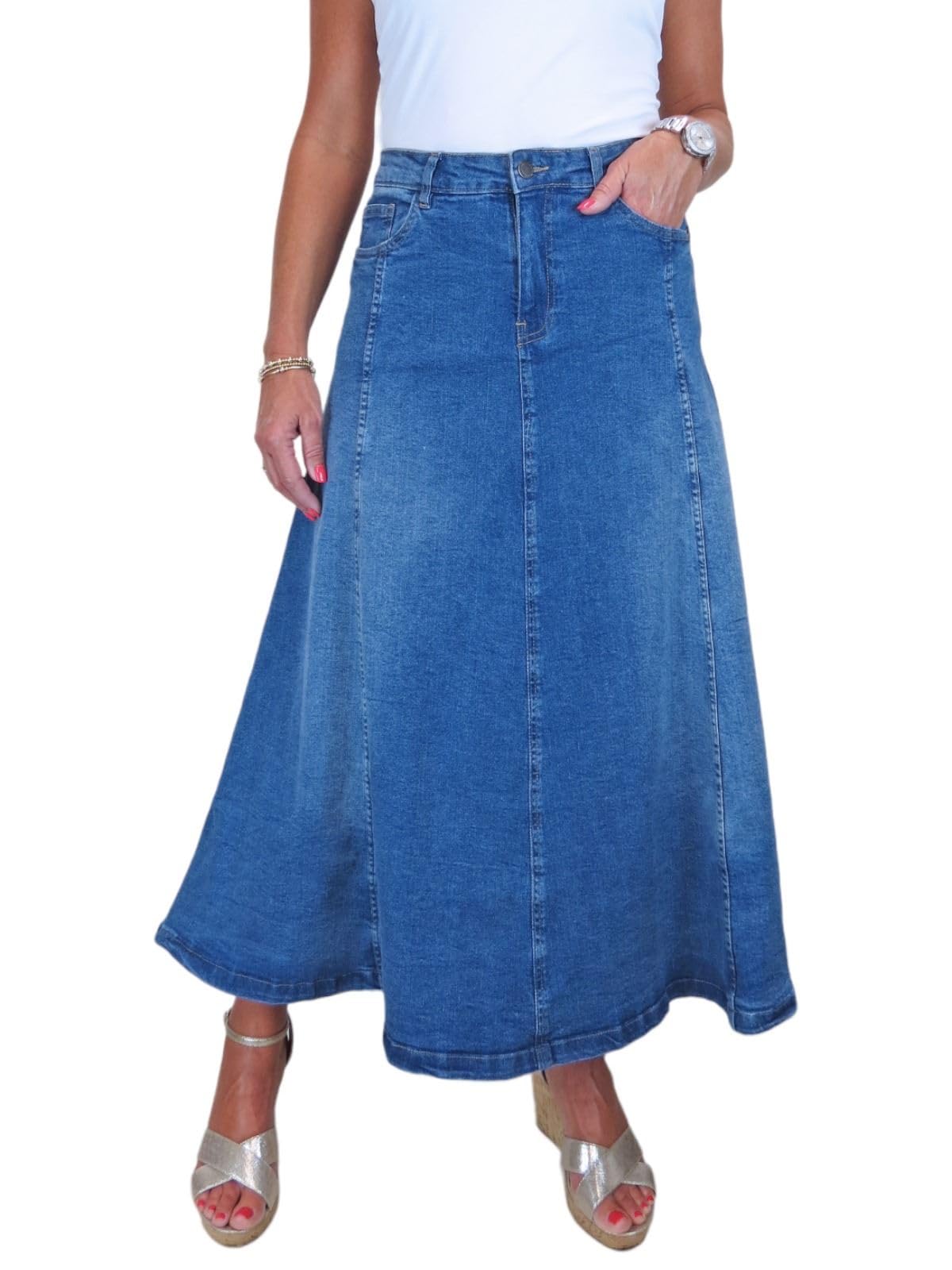 Paulo Due Women's Flared Denim Maxi Skirt in Mid Blue | Size: 10
