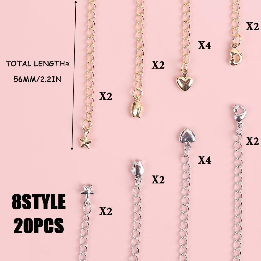18K Gold Extension Chain 20PCS -2 Colours 4 Style Heart Star Flower Charm Bracelet Extender 2.36" for Jewelry Making, Adjustable Necklace Chain Connector, DIY Craft Supplies for Women Gift - Image 2