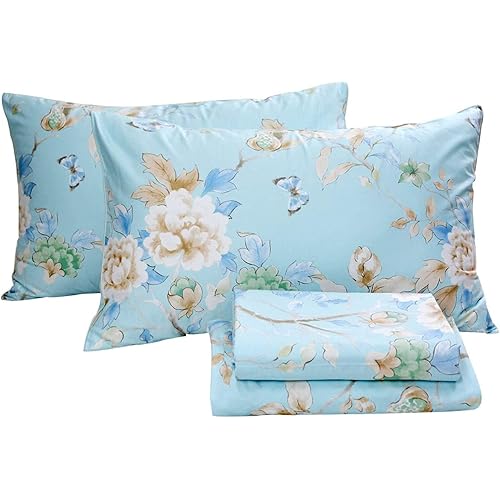 Usning Floral Bedding Sheet Set, Butterfly Bird Print Blue Bed Sheet Set, Luxury Bedding 800 Thread Count 100% Egyptian Cotton Sheet Set with Deep Pocket, 4-Piece King Size