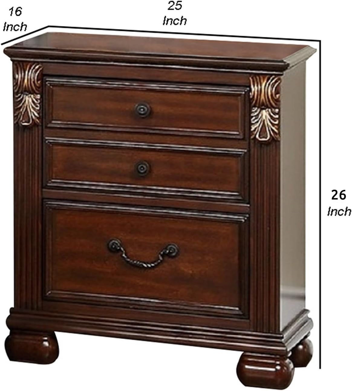 Benjara Miri 25 Inch 3 Drawer Nightstand, Brass Carved Accents, Cherry Oak Brown