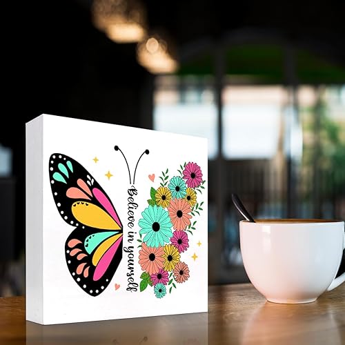 Miniatura 3 de Letrero de madera con texto en inglés "Believe in Yourself", decoración de escritorio rústica motivacional para decoración de escritorio para el